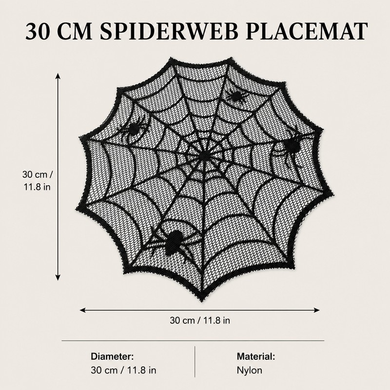 30cm Black Spider Web Placemat for Halloween – Lace-Style Round