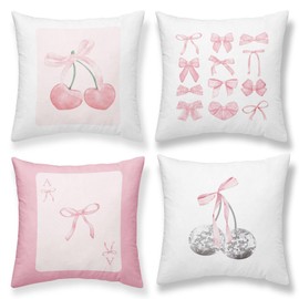 OGILRE Pink Coquette Trendy Aesthetic Cute Preppy Bedding Throw Pillow Cases, Throw Pillow Covers 18x18 Set of 4, Pink Bow Cherry Disco Ball Pillowcases for Teen Sofa Dorm Girls Bedroom
