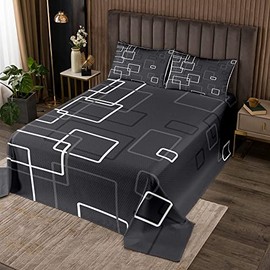 Black Grey White Quilt Set Geometric Square Bedspread Set for Children Boys Girls Geometry Ombre Stripes Bedspread 220 x 240 cm Modern Duvet in Simple Style