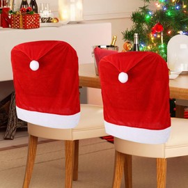 SATXTREM Christmas Chair Covers Set of 4,Red and White Santa Claus Hat Chair Back Covers for Xmas Holiday Festival Indoor Kitchen Bar Counter Stools Decorations Dining Room Table Decor