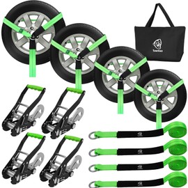 Towmax 4 Pack Car Tie Down Straps for Trailers - 2" x 8' Heavy Duty Tire Straps with Snap Hooks - 10,000lbs Break Strength, Adjustable Lasso Style Wheel Straps for Hauling Cars, Truck, UTV(Green)