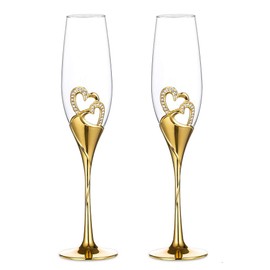 Wedding Champagne Glass Set Gold Toasting Flute Glasses Deluxe Pack of 2 with Rhinestone Rimmed Hearts Decoration for Wedding, Anniversary and Special Occasions