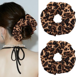 PUSCOBSY Leopard Print Hair Scrunchies for Women, Fabric Hair Bobbles Scrunchie Without Hair Breakage, Large Leo Scrunchies for Thick Hair, Thin Hair, Pack of 2 Brown Leopard