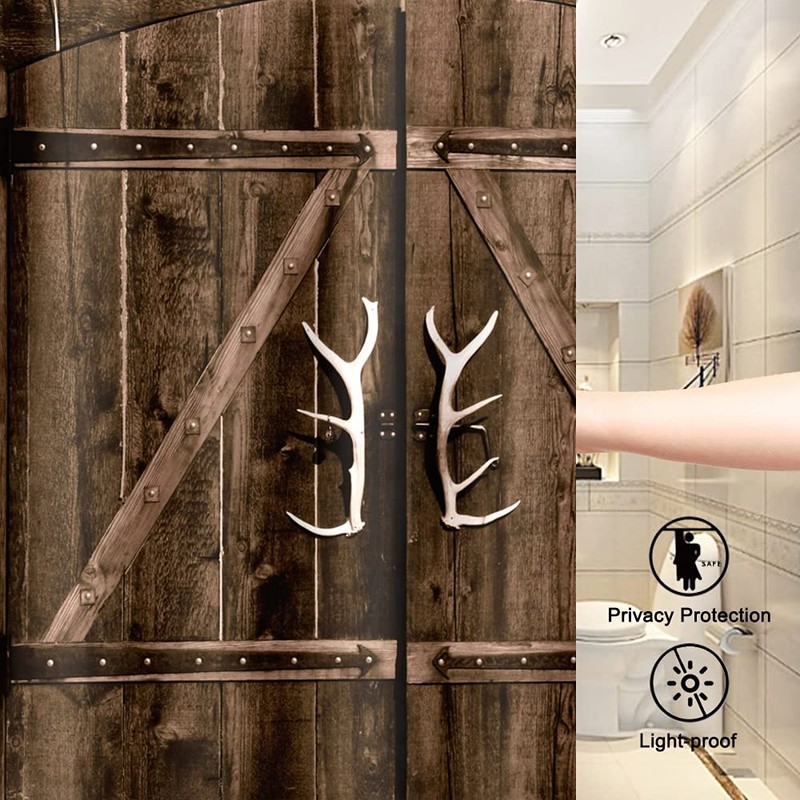 Antler Shower Curtain Wooden Plank Door Rustic Deer Horn Theme