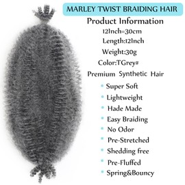 8 Packs Springy Afro Twist Hair 12 Inch Marley Twist Braiding Hair Dark Grey Kinky Twist Short Marley Hair Wrapping Faux for Soft Locs Extensions