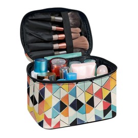 Wdktrgetd Geometric Lattice Square Makeup Bag for Women Travel – Large-Capacity Cosmetic Organizer with 5 Brush Pockets & Elastic Bands | Polyester Makeup Bag for Purse
