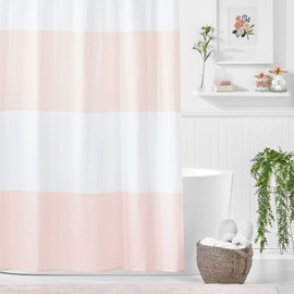 mDesign Wide Stripes Shower Curtain - Washable Shower and Bath Curtain - Bathroom Curtain Made of 100% Woven Polyester - Light Pink/White