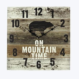 Young's Inc Wooden Mountain Time Wall Clock with Bear - 12" W x 12" H - Farmhouse Living Room Decor - Rustic Wall Clock