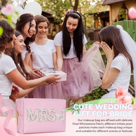 Silongder MRS Letter Cosmetic Bag, Bridal Shower Gifts White Bling Pearl Rhinestone Patch Makeup Bag Waterproof PU Travel Toiletry Bag Make Up Bag for Bachelorette Party Women Wedding Bridal(MRS-J)