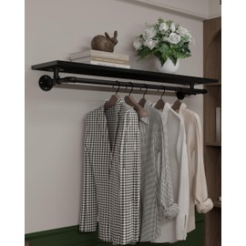 TEDIDUWA Black Clothes Rack 48in, Wall Mounted Garment Rack with Real Wood Shelf, Heavy Duty Hanging Clothes Rack, Multi-Purpose Hanging Rod, Space-Saving Closet Storage