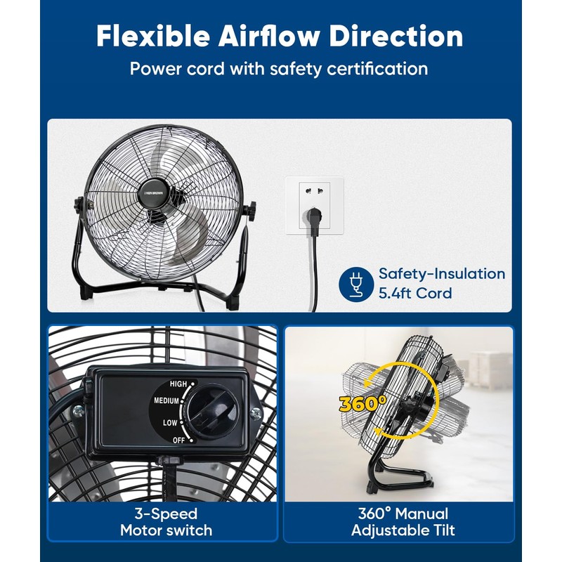 KEN BROWN 14 Inch High Velocity Metal Floor Fan 3-Speed