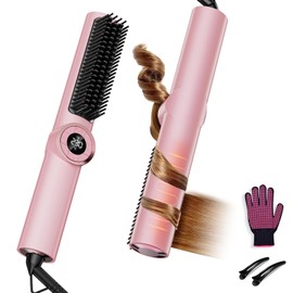 JolinKoin Cepillo alisador de cabello: peine 3 en 1 para rizar, alisar y alisar con doble voltaje, peine caliente con revestimiento iónico, rosa