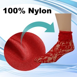 EMEM Apparel Women's Ladies Lace Anklet Ankle Quarter Socks Stockings with Ruffle Red 9-11