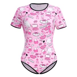 ABAFIP Women's Cute Print Romper Pajama Bodysuit Short Sleeve One Piece Teddy Leotard Top Nightwear Hot Pink Large