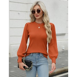 Zeagoo Jumpers for Women UK Crew Neck Sweatshirts Ladies Classic Long Sleeve Knitted Sweaters Pullovers Stretch Shirts Puff Sleeves Bundled Tops Autumn Winter S-XXL Caramel M
