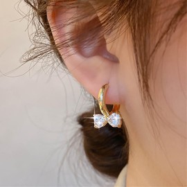 Inateannal Vintage Crystal Bow Dangle Earrings Rhinestone Bow Hoop Earrings Gold Cz Heart Drop Earrings Crystal Heart Bow Earrings Jewelry for Women and Girls