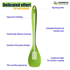 HONSVA Kitchen Silicone Spoonula, Heat-Resistant Flex Silicone Scraper for Flipping, Baking, Stirring, Non-Slip Strong Handle with Ergonomic Grip, BPA Free, No Scratches for Cookware, Green, 1 Pcs.