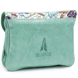 Blanck Wallet Card Holder Bellows Leather with Clasp and Zip Closure for Women. Stained Glass and Zebra Print Flap Closure. Double Compartment. Measures 11 x 8.5 x 2.5 cm and 63 g., Green Stained