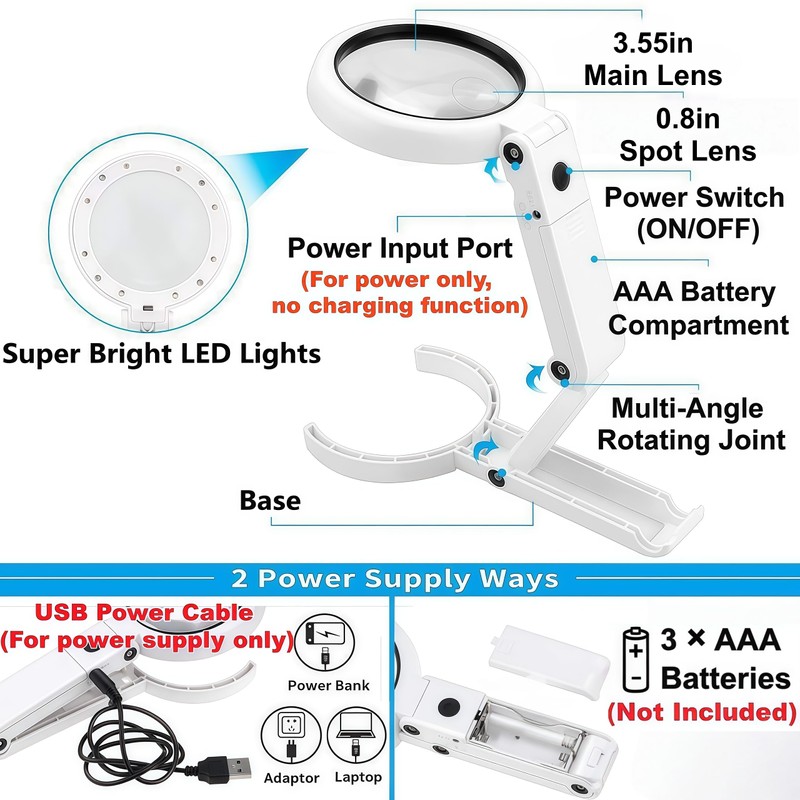 Magnifying Glass with Light and Stand, Foldable Handheld Large Magnifying