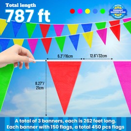 3-Pack 450 Pcs 787Ft Durable Nylon Pennant Banner Flags Rainbow Garland Bunting for Weddings, Easter, Birthdays, Back-to-School Safty Warning & Outdoor Party Decor, Campus Events,Photo Backdrops