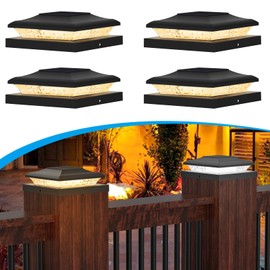 TSUNESLUX 4 Pack Solar Post Cap Lights Outdoor, 2 Modes (Warm/White Light) Black Fence Post Solar Powered Lights Waterproof for 5x5, 5.5x5.5, 6x6 Wooden/Vinyl Posts Decorate Garden Deck Patio Porch