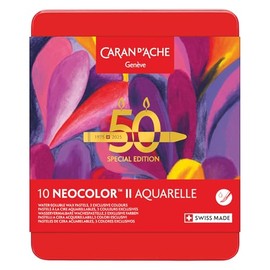 Caran d'Ache Neocolor II Water-Soluble Wax Pastels 50 Year Special Edition - Pop - Tin of 10 Colours, Art Colouring Crayons, Art Lover Gift, Art Set Essentials, Pastels, Colouring