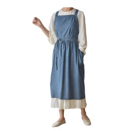 JUNA KOOK Women's Denim Apron, Stylish, Cute, Scandinavian Dress Apron, Long, Maxi Length, Hides Your Bottom, One Piece, Large, Body Cover, 100% Cotton, Pocket, Plain, Simple, Cafe, Nursery Teacher