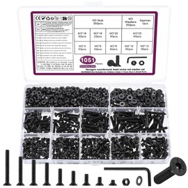 1051 Piece M3 Screws Set, M3 Countersunk Screws Set, Flat Head Allen Screws Nuts Set, Machine Screws with Nuts and Washers Set, Black, Threaded Screws and Nuts Set