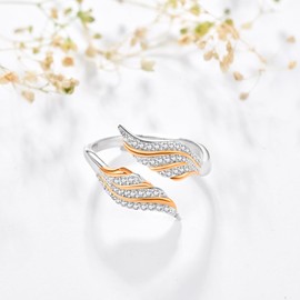 TANGPOET Feder Engel Flügel Ring 925 Sterling Silber Roségold Einstellbare Handgemachte Ring, Schmuck Geschenke für Frauen Damen Mädchen