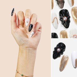Sun&Beam Nails Handmade Nail Tips, Medium, Long, Almond, False Nails, Black, White, Gold, 3D Design, Stylish, Set of 10 (#130 S)