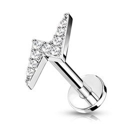 Pierced Owl 16G Stainless Steel Internally Threaded CZ Crystal Paved Lightning Bolt Top Flat Back Labret Monroe Lip Cartilage Helix Ear Lobe Stud (Silver Tone, Bar Length: 6mm)