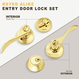 Brotima 3 Pack Keyed Alike Lever Set with Single Cylinder Deadbolt, Reversible Wave Style Polished Brass Lockset, Lever Door Handle with Key and Lock for Bedroom, Front Door