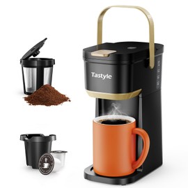 Tastyle Single Serve One Cup Coffee Maker, for K Cups and Grounds, Mini Coffee Maker with Portable Handle, 6 to 12 Oz Brew Size, for Travel, Camping, Office, RV and Dorm, Black and Gold | Tastyle