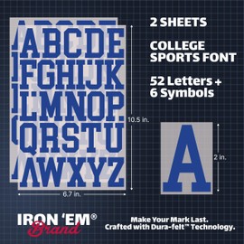 IRON 'EM Blue Iron On Letters for Fabric, Clothing, Custom Tshirt, DIY Craft for Kids, Adults, and Toddlers 2" Felt Letters for Fabric, Heat Transfer Letters. College Sports Jersey Font. 2 Sheets