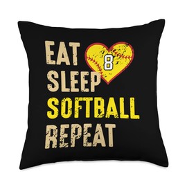 Sports Legendz Eat Sleep Softball Repeat Jersey Number #8 Vintage Throw Pillow, 18x18, Multicolor