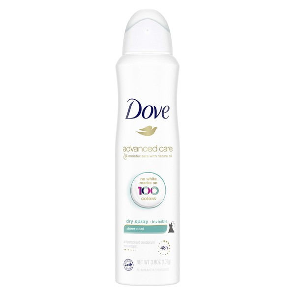 Dove Advanced Care Invisible Dry Spray Antiperspirant Deodorant No White Marks on 100 Colors Sheer Cool 48-Hour Sweat and Odor Protecting Deodorant for Women 3.8 oz