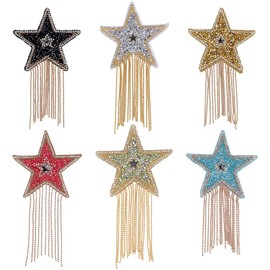 FINGERINSPIRE 6Pcs Star Rhinestone Patches with Chains Tassel 6Styles Five-Pointed Star Iron on Patches Rhinestone Star Tassel Repair Patches for Clothes Hats Jeans Bag Dress Pants DIY Accessories