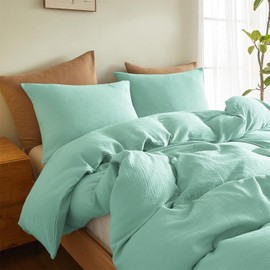 Boqingzhu Double Bed Linen Mint Green 135 x 200 cm Muslin Cotton Soft Cuddly Summer Cotton Bed Linen Set Linen Light Green Duvet Cover 135 x 200 cm and Pillowcase 80 x 80 cm with Zip