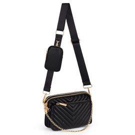 UTO Women's 3-in-1 Crossbody Bag, Wide Strap with Coin Bag, Handbag with Removable Chain, Shoulder Bag with Removable Adjustable Shoulder Strap, Small Bag, Leather, Stylish, 0947a PU V-line,