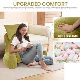 Unisakey Portable Reading Pillows with Headrest for Bed Sitting Up(Yellow Green), Back Pillow with Arms & Pockets for Adults, Support Memory Foam Bed Pillow for Dorm/Reading/Watching/Gaming