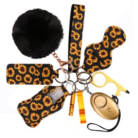 AMIR Safety Keychain Set for Women and Kids, 10 Pcs Accessories for Girls with Safe Sound Personal Alarm, No Touch Door Opener, Whistle and Pom, Yellow