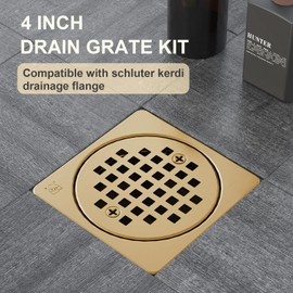 Champagne Bronze 4 inch Drain Grate Kit, Shower Drain Compatible with Schluter Kerdi Drain Flange, Removable Square Floor Drain with Adjustable Collar,with ABS Flange-SUS304 Stainless Steel Grate