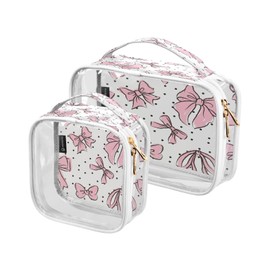 Kigai Bow Pink Clear Makeup Bags for Women and Girls Waterproof Cosmetic Bag Portable Toiletry Bag Travel Accessories Organizer with Zipper & Handle, 2 Pack