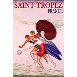 WONDERFULITEMS Saint-Tropez France Summer Beach Happy Women Playing Ball Sun Umbrella Travel 12" x 16" Image Size Vintage Poster repro Canvas Rolled up. We Have Other Sizes