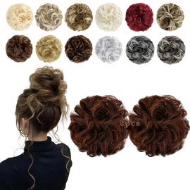 FeidyLong 2 PCS Messy Bun Hair Piece Wavy Curly Scrunchies Synthetic Chignon Ponytail Hair Extensions Thick Updo Hairpieces for Women Girls(Light Auburn mix Darker)