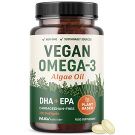 Vegan Omega 3 Algae Oil | Plant Based DHA EPA | Sustainably Sourced, No Carrageenan, Non GMO | Heart, Brain & Eye Health Support | Fish Oil Alternative | Algae Omega 3 Supplement | 120 Softgels