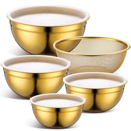 Teenyyou Gold Mixing Bowls with Airtight Lids Stainless Steel Mixing Bowl Set of 5, 4 Stackable Metal Nesting Bowls, 4 in 1 Colander, Non-Slip Bottom, Size 1.5, 2.0, 2.5, 4.0 QT for Mixing Serving