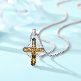 Thanches Saint Michael the Archangel Pendant Cross Necklace for Men Women, 925 Sterling Silver Religious Protection Courage Amulet Necklace Jewelry Gifts (Gold St. Micheal Cross)
