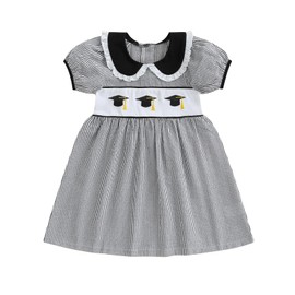 Toddler Girl Back to School Outfit First Day of School Clothes Kindergarten Pre K Smocked Short Sleeve Dress (Black, 4-5 Years)