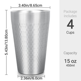Beasea Stainless Steel Cups 15 oz, 4 Pack Large Stackable Stainless Steel Tumbler Bulk Double Wall Insulated Metal Pint Glasses Tin Cups for Drinking Home Restaurant Office Party Camping